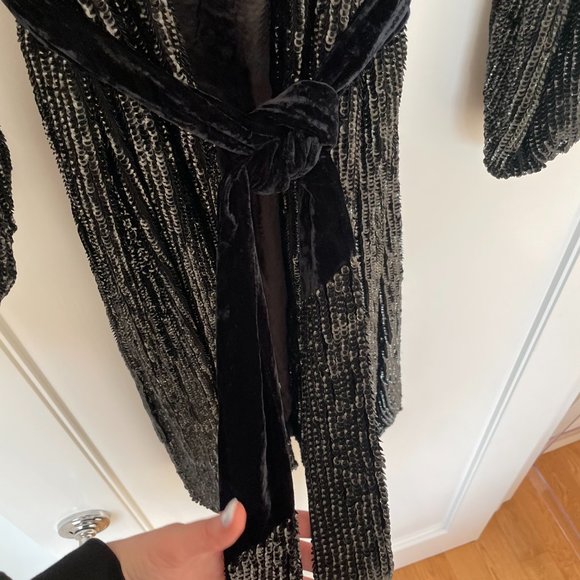 Retrofete Audrey Robe Dress Shiny Black Blue Sequins Wrap Style Midi Dress - Picture 8 of 16